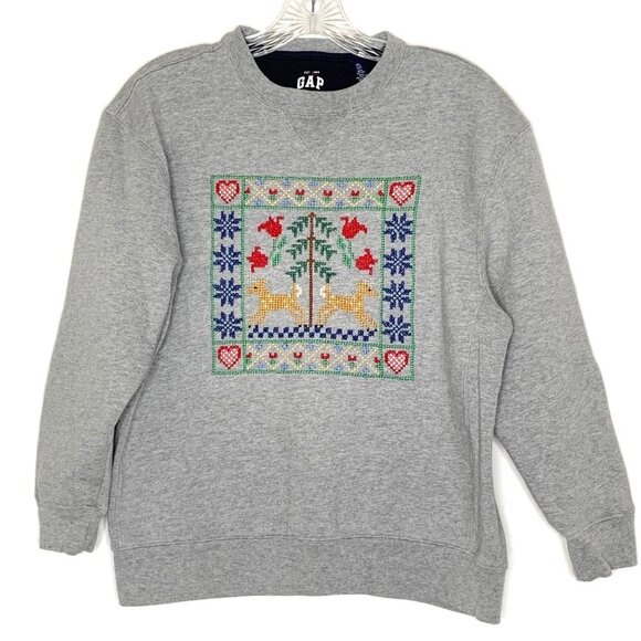 Vintage Handmade Embroidered Gray Gap Sweatshirt Floral Deer Hearts Kids XL - Picture 1 of 9